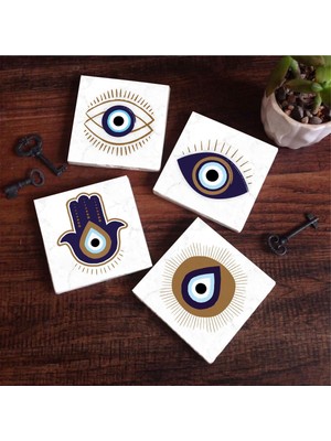 Frefly Store Pinecone Stone Fatma Ana Eli (Hamsa), Nazar Taş Bardak Altlığı Seti - 4 Parça - Dekoratif, Rustik Mutfak Aksesuarı, 10X10 Cm, Kaydırmaz Tabanlı, Şık ve Dayanıklı SC237