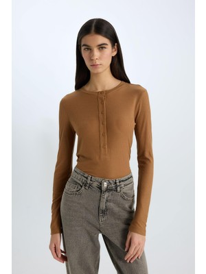 Frefly Store Defacto Slim Fit Bisiklet Yaka Fitilli Kaşkorse Uzun Kollu Tişört D9555AX24WN