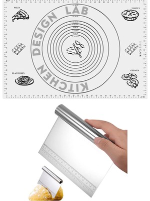 Frefly Store Beyaz Silikon Ölçülü Çok Amaçlı Hamur Açma Matı 45 cm x 65 ve Çelik Kesme Spatulası