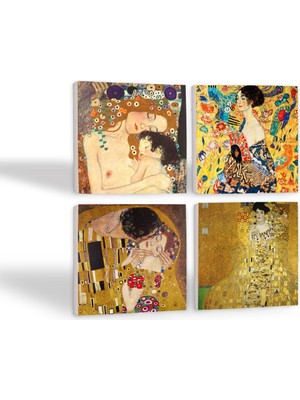 Frefly Store Pinecone Stone Gustav Klimt Yelpazeli Kadın, Adele Bloch-Bauer'in Portresi, Anne Çocuk, Öpücük Taş Bardak Altlığı Seti - 4 Parça - Dekoratif, Rustik Mutfak Aksesuarı, 10X10 Cm, Kaydırmaz Tabanlı SC203