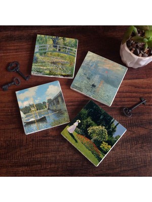 Frefly Store Pinecone Stone Monet Bahçedeki Kadın, Argenteuil'de Köprü, Izlenim Gün Doğumu, Nilüfer Gölü Taş Bardak Altlığı Seti - 4 Parça - Dekoratif, Rustik Mutfak Aksesuarı, 10X10 Cm, Kaydırmaz Tabanlı SC528