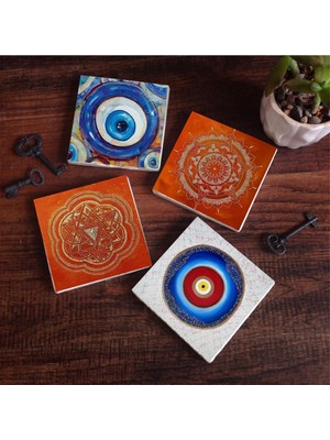 Frefly Store Pinecone Stone Nazar, Sri Yantra, Mandala Taş Bardak Altlığı Seti - 4 Parça - Dekoratif, Rustik Mutfak Aksesuarı, 10X10 Cm, Kaydırmaz Tabanlı, Şık ve Dayanıklı SC382