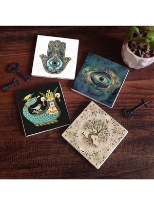 Frefly Store Pinecone Stone Nazar, Şahmeran, Hayat Ağacı, Fatma Ana Eli (Hamsa) Taş Bardak Altlığı Seti - 4 Parça - Dekoratif, Rustik Mutfak Aksesuarı, 10X10 Cm, Kaydırmaz Tabanlı, Şık ve Dayanıklı SC165