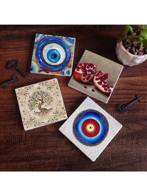 Frefly Store Pinecone Stone Nazar, Hayat Ağacı, Nar Taş Bardak Altlığı Seti - 4 Parça - Dekoratif, Rustik Mutfak Aksesuarı, 10X10 Cm, Kaydırmaz Tabanlı, Şık ve Dayanıklı SC372