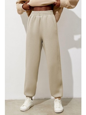 Frefly Store Madmext Kadın Spor Giyim Eşofman Altı, Bej, Comfort Fit, Dar Paça, L Beden