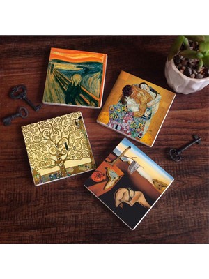 Frefly Store Pinecone Stone Salvador Dalí Belleğin Azmi, Çığlık, Gustav Klimt Aile Kucaklama, Hayat Ağacı Taş Bardak Altlığı Seti - 4 Parça - Dekoratif, Rustik Mutfak Aksesuarı, 10X10 Cm, Kaydırmaz Tabanlı SC564