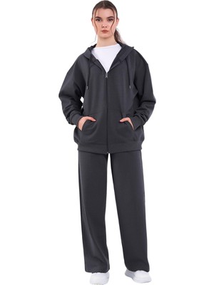 Frefly Store Mmetalıc Kadın Normal Kalıp Basic Beli Lastikli Kapüşonlu Oversize Mevsimlik Alt Üst Eşofman Takımı (Antrasit, L)