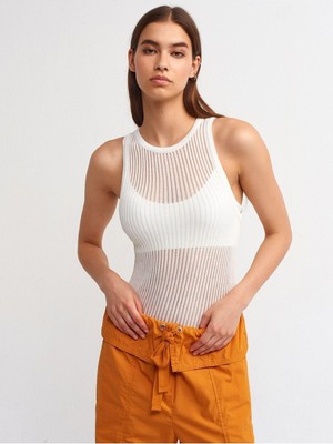 Frefly Store Dilvin Kadın Bisiklet Yaka Triko Atlet, Ekru, Standart Beden