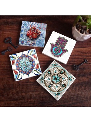 Frefly Store Pinecone Stone Fatma Ana Eli (Hamsa), Çini Sanatı, Nar Taş Bardak Altlığı Seti - 4 Parça - Dekoratif, Rustik Mutfak Aksesuarı, 10X10 Cm, Kaydırmaz Tabanlı, Şık ve Dayanıklı SC178