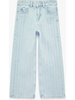 Frefly Store Pamuklu Kalpli Taş Detaylı Geniş Paça Denim Pantolon