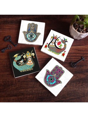 Frefly Store Pinecone Stone Şahmeran, Fatma Ana Eli (Hamsa) Taş Bardak Altlığı Seti - 4 Parça - Dekoratif, Rustik Mutfak Aksesuarı, 10X10 Cm, Kaydırmaz Tabanlı, Şık ve Dayanıklı SC226
