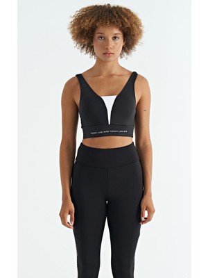 Frefly Store Siyah - Beyaz Yazı Baskılı Renk Bloklu Dar Kalıp Dalgıç Kumaş Kadın Büstiyer - 97271