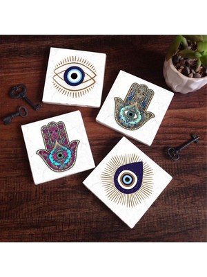 Frefly Store Pinecone Stone Nazar, Fatma Ana Eli (Hamsa) Taş Bardak Altlığı Seti - 4 Parça - Dekoratif, Rustik Mutfak Aksesuarı, 10X10 Cm, Kaydırmaz Tabanlı, Şık ve Dayanıklı SC402