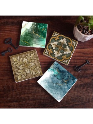 Frefly Store Pinecone Stone Soyut Sanat, Desen Taş Bardak Altlığı Seti - 4 Parça - Dekoratif, Rustik Mutfak Aksesuarı, 10X10 Cm, Kaydırmaz Tabanlı, Şık ve Dayanıklı SC282