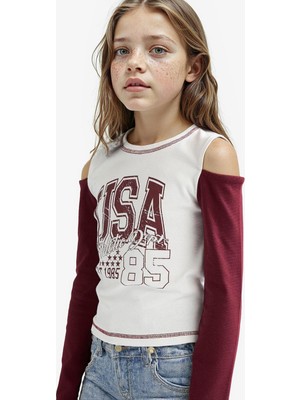 Frefly Store Defacto Slim Fit Dar Kesim Bisiklet Yaka Baskılı Ribana Uzun Kollu Okul Tişörtü Kız Çocuk F7582A825AU