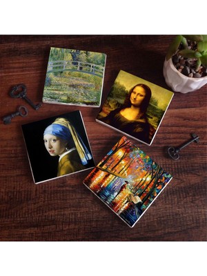 Frefly Store Pinecone Stone Inci Küpeli Kız, Fenerler, Monet Nilüfer Gölü, Da Vinci Mona Lisa Taş Bardak Altlığı Seti - 4 Parça - Dekoratif, Rustik, 10X10 Cm, Kaydırmaz Tabanlı, Şık ve Dayanıklı SC196