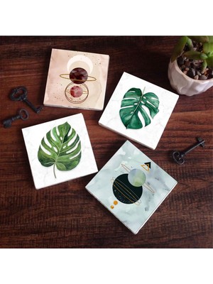 Frefly Store Pinecone Stone Minimalist Soyut, Yaprak Taş Bardak Altlığı Seti - 4 Parça - Dekoratif, Rustik Mutfak Aksesuarı, 10X10 Cm, Kaydırmaz Tabanlı, Şık ve Dayanıklı SC427