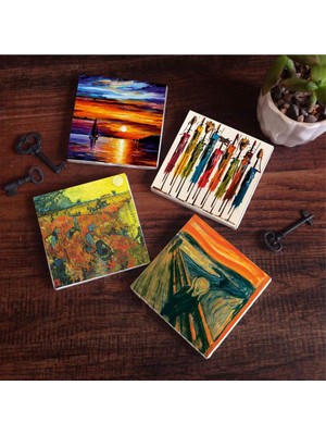 Frefly Store Pinecone Stone Van Gogh Arles'te Kırmızı Bağ, Çığlık, Yerli Kadınlar, Deniz Manzarası Taş Bardak Altlığı Seti - 4 Parça - Dekoratif, Rustik Mutfak Aksesuarı, 10X10 Cm, Kaydırmaz Tabanlı SC438