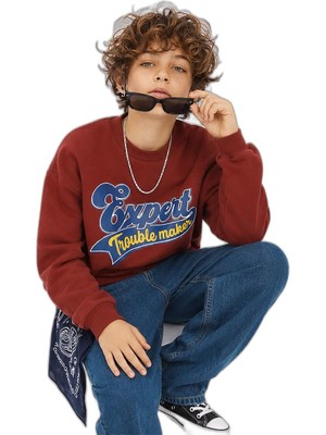 Frefly Store Erkek Çocuk Oversize Bordo Sweatshirt – Kolej Okul Tarzı (6-11 Yaş)