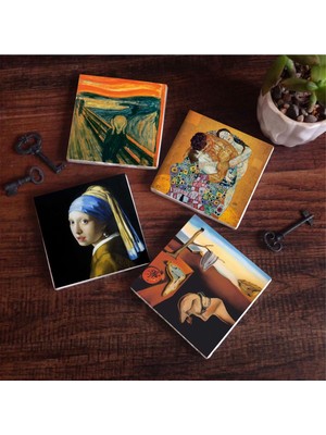Frefly Store Pinecone Stone Dalí Belleğin Azmi, Çığlık, Inci Küpeli Kız, Gustav Klimt Aile Kucaklama Taş Bardak Altlığı Seti - 4 Parça - Dekoratif, Rustik Mutfak Aksesuarı, 10X10 Cm, Kaydırmaz Tabanlı SC578