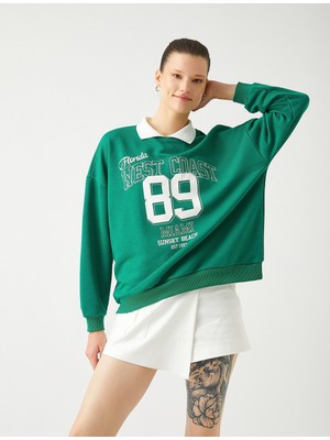 Frefly Store Oversize Sweatshirt Polo Yaka Kolej Baskılı Uzun Kollu