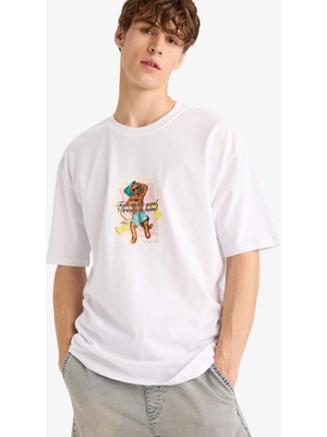 Frefly Store DEFACTO%100 Pamuk Boxy Fit Bisiklet Yaka Baskılı Kısa Kollu Tişört F4534AX25HS