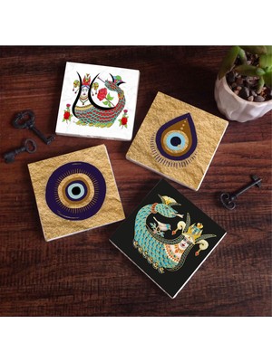 Frefly Store Pinecone Stone Nazar, Şahmeran Taş Bardak Altlığı Seti - 4 Parça - Dekoratif, Rustik Mutfak Aksesuarı, 10X10 Cm, Kaydırmaz Tabanlı, Şık ve Dayanıklı SC526