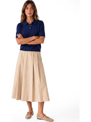 Frefly Store Pamuklu Kloş Kesim Pileli Cepli Midi Poplin Etek
