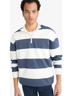 Frefly Store Defacto Boxy Fit Dik Yaka Yarım Fermuarlı Çizgili Sweatshirt F4640AX25AU