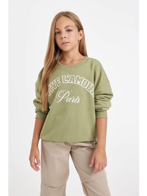 Frefly Store Defacto Yeşil Relax Fit Bisiklet Yaka Baskılı Sweatshirt Kız Çocuk D3572A824AU