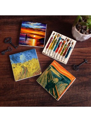 Frefly Store Pinecone Stone Van Gogh Buğday Tarlası ve Kargalar, Çığlık, Yerli Kadınlar, Deniz Manzarası Taş Bardak Altlığı Seti - 4 Parça - Dekoratif, Rustik Mutfak Aksesuarı, 10X10 Cm, Kaydırmaz Tabanlı SC439