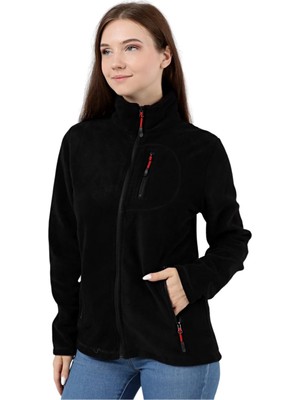 Frefly Store Genıus Store Kadın Polar Tam Fermuarlı Outdoor 3 Cepli Spor Polar Ceket (Siyah, L)