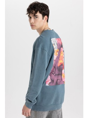 Frefly Store DEFACTO%100 Pamuk Comfort Regular Fit Rahat Kalıp Bisiklet Yaka Sırt Baskılı Yıkamalı Soluk Efektli Sweatshirt C1664AX24SP