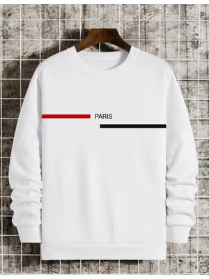 Frefly Store Tarzsokak Siyah Oversize Paris Şerit Baskılı Pamuklu Kapşonsuz Bisiklet Yaka Unisex Sweatshirt, Beyaz, M