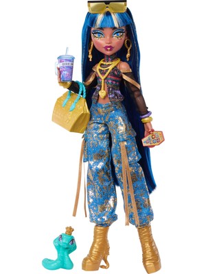 Frefly Store Monster High Kısa Bluz ve Altın Rengi Detaylı Kot Kargo Pantolon Giyen Monster High Cleo De Nile Bebek, Evcil Yılanı Hissette ve Salata, Smoothie ve Çanta Gibi 7 Aksesuar, JHK32