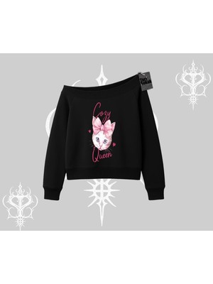 Frefly Store Tarzsokak Cozy Queen Kedi Baskılı Kayık Yaka Sweatshirt, Siyah, Xl