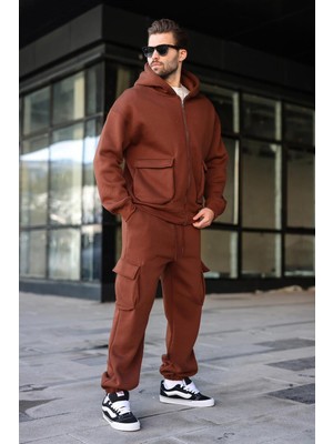 Frefly Store Madmext Acı Kahverengi Kapüşonlu Kargo Cepli Erkek Eşofman Takımı E7342,ACI Kahverengi 2xl
