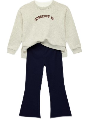 Frefly Store Baskılı Uzun Kollu Şardonlu Sweatshirt ve Ispanyol Paça Pantolon Takımı - 2'li Set