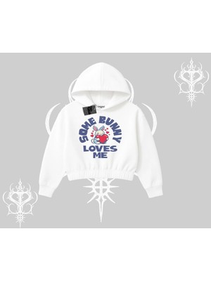 Frefly Store Tarzsokak Kapşonlu Crop Sweatshirt Sevimli Tavşan Some Bunny Loves Me Baskılı, Beyaz, S