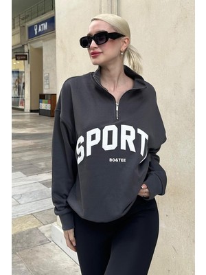 Frefly Store Madmext Füme Yarım Fermuarlı Baskılı Sweatshirt MG2212,FÜME Xl