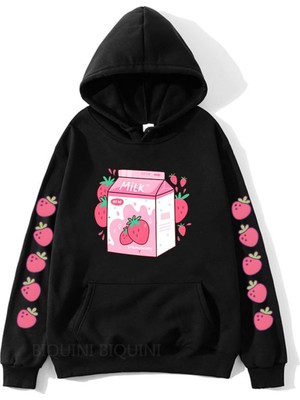 Frefly Store Tarzsokak Siyah Çilek Süt Karikatürhoodies Kawaiiular, SIYAH-231, M
