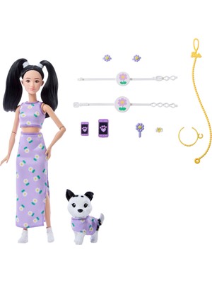Frefly Store Barbie Twinning, Mor Papatya Giysileri ve Aksesuarları ile Eşleşen Evcil Köpekli Bebek Görünüyor Hem Çiçekler Hem De Kemer Çantaları Için, Siyah Saç