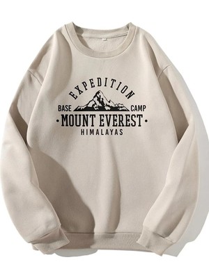 Frefly Store Tarzsokak Unisex Vizon Kadın/erkek Mount Everest Oversize Bisiklet Yaka Pamuklu Sweatshirt Bej, Vizon, S/m