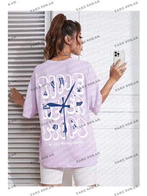 Frefly Store Tarzsokak Unisex Kadın/erkek Time Never Stops Renkli Özel Baskılı Oversize Pamuk Penye, Mor, Xl