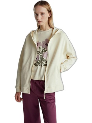 Frefly Store United Colors Of Benetton Logo Baskı Detaylı Kapüşonlu Relax Fit Sweatshirt, M, 125A3UNID500R, Krem, Kadın