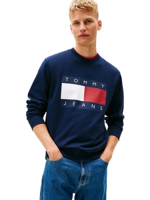 Frefly Store Tommy Hilfiger Tjm Reg Bıg Flag Cneck Ext Erkek Sweatshirt Dark Blue S