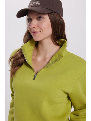 Frefly Store Tudors Relax Fit Pamuklu Içi Polarlı Yarım Fermuarlı Dik Yaka Sweatshirt, L, SW240016-MNK, Yeşil, Kadın