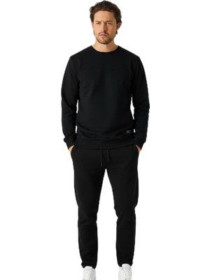 Frefly Store Metalıc Siyah Relaxed Fit Bisiklet Yaka Sweatshirt Düz Paça Erkek Eşofman Takımı 2xl