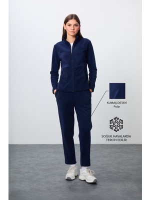 Frefly Store Lacivert Kalın Yumuşak Dokulu Dik Yaka Oversize Nakışlı Polar Kadın Eşofman Takım -95339