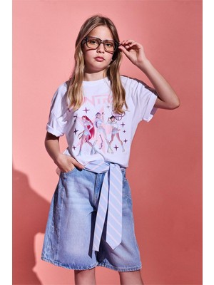 Frefly Store DEFACTO%100 Pamuk Kpop - Demon Hunters Oversize Bisiklet Yaka Kısa Kollu Tişört Kız Çocuk H7359A826SM